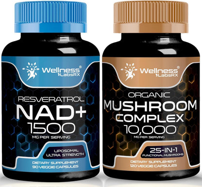 WELLNESS LABSRX NAD Supplement, 1500mg - Liposomal NAD+ Supplement with Resveratrol | Organic Mushroom Supplement Capsules - 1000mg - 25 in 1 Mushroom Complex Capsules | Bundle