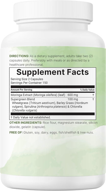 Micro Ingredients Moringa Oleifera | 300 Capsules with Supergreens Blend of Wheatgrass, Barley Grass, Spirulina, & Chlorella | Antioxidant Supplement, Energy, & Immune Support | Non-GMO