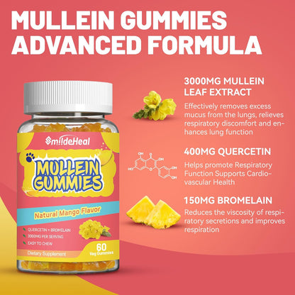 3000MG Mullein Gummies, Mullein Leaf Extract for Lungs, 60 Count | Sugar Free Mullein Gummies with Bromelain & Quercetin, Vegan