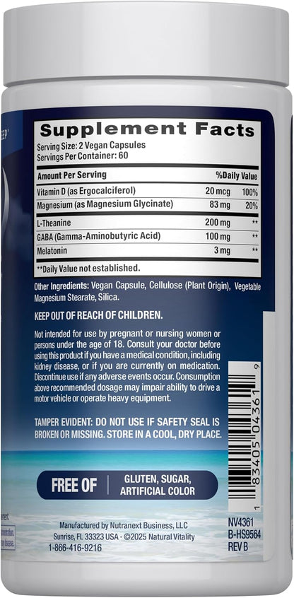 Natural Vitality Calm Sleep Capsules | Magnesium with Melatonin, L-Theanine & Gaba Supplement | For a Good Night's Sleep | Non-GMO, Gluten Free & Vegan | 120 Count