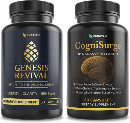 Pineal Gland Decalcification & Nootropic Brain Supplement Stack for Memory, Focus, Anti-Aging & Cognitive Clarity – Shilajit, Lion's Mane & Sacred Botanicals – Genesis Revival + CogniSurge
