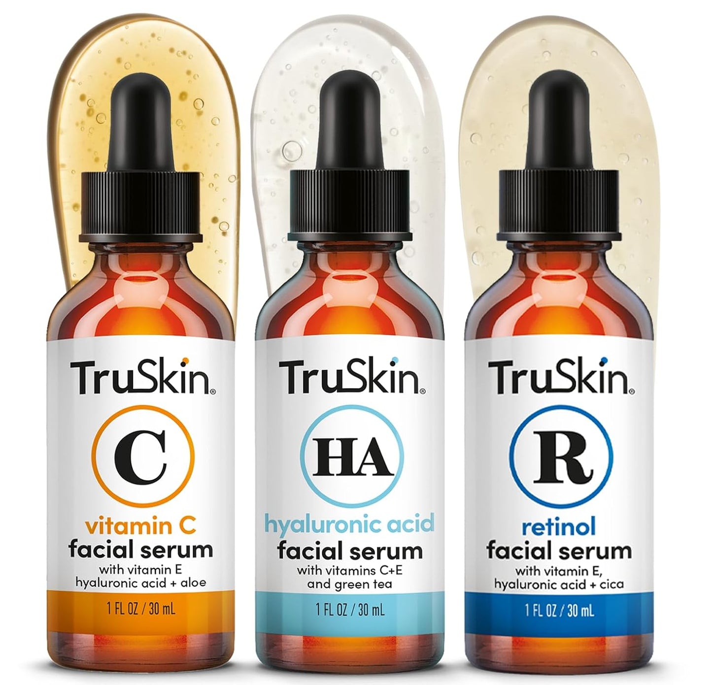 TruSkin Serum Trio with Vitamin C, Retinol & Hyaluronic Acid, 1 fl oz Each | Complete anti aging AM, PM & all-day skincare routine with coordinated serums to brighten, smooth & hydrate skin