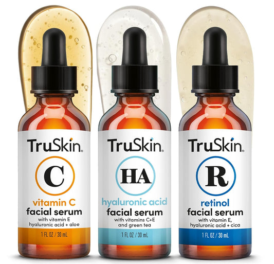 TruSkin Serum Trio with Vitamin C, Retinol & Hyaluronic Acid, 1 fl oz Each | Complete anti aging AM, PM & all-day skincare routine with coordinated serums to brighten, smooth & hydrate skin