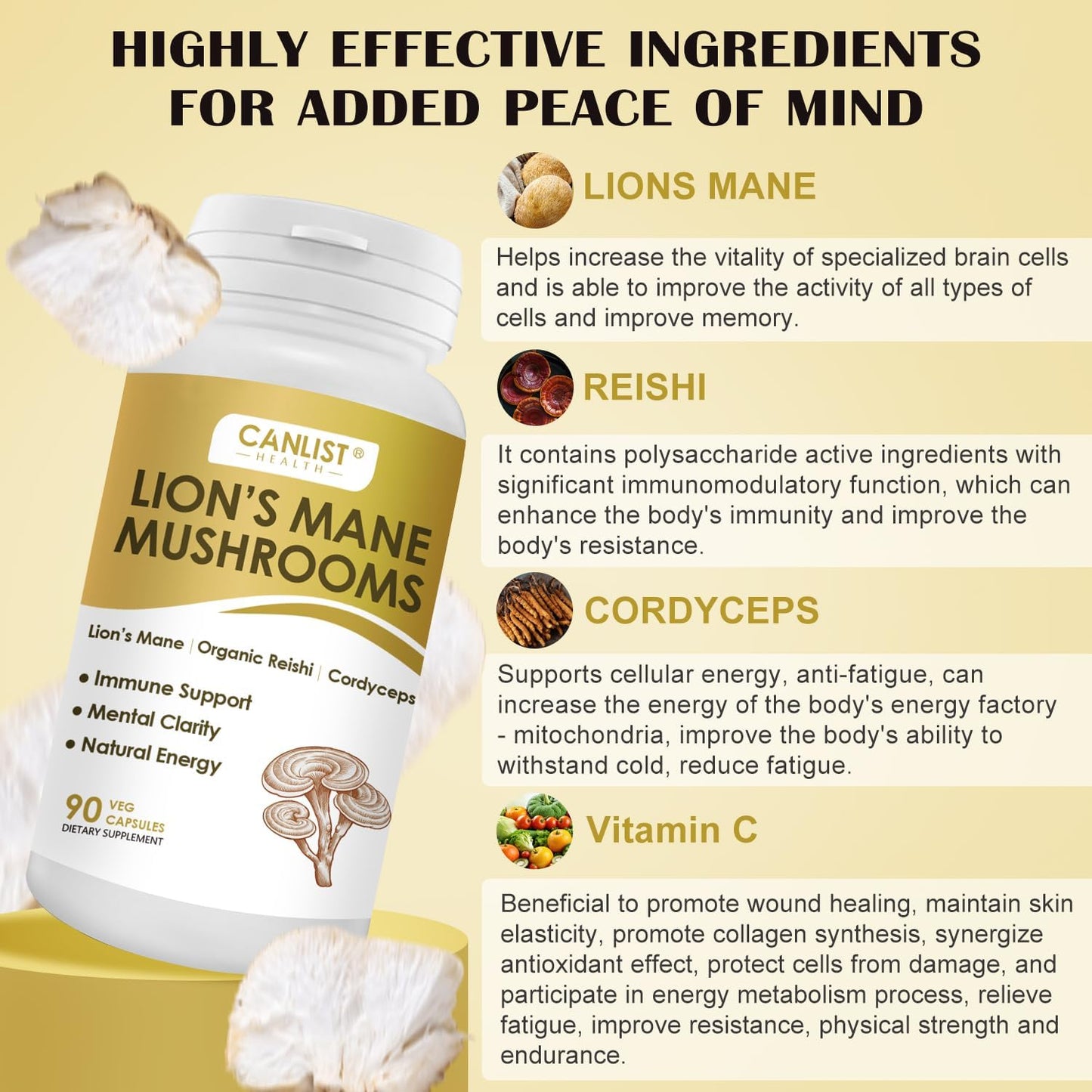 CANLIST Organic Mushroom Complex Capsules with Lion's Mane, Cordyceps, Reishi, Help for Cognitive Focus, Immune Support & Brain Health, Vegan, Non-GMO, 90 Capsules
