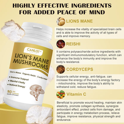 CANLIST Organic Mushroom Complex Capsules with Lion's Mane, Cordyceps, Reishi, Help for Cognitive Focus, Immune Support & Brain Health, Vegan, Non-GMO, 90 Capsules