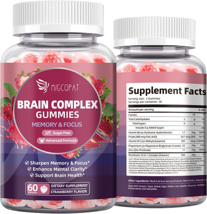 Migcopat Brain Supplements for Memory and Focus Gummies | Nootropic w/Bacopa Monnieri, Lion’s Mane, Ginkgo & 10-in-1 Mushroom Complex | Mental Clarity & Cognitive Support | Strawberry Flavor - 60 Cts