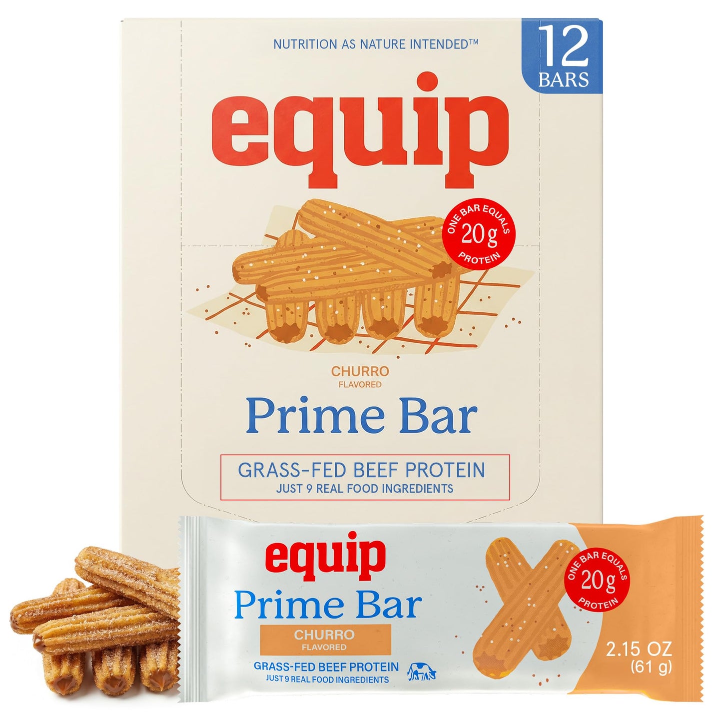 Equip Foods High Protein Prime Bars – Grass Fed Beef Protein, Collagen & Tallow – Gut Friendly, Gluten Free 20g Protein Bars - Only Real-Food Ingredients - Peanut Butter Chocolate, 12 Count