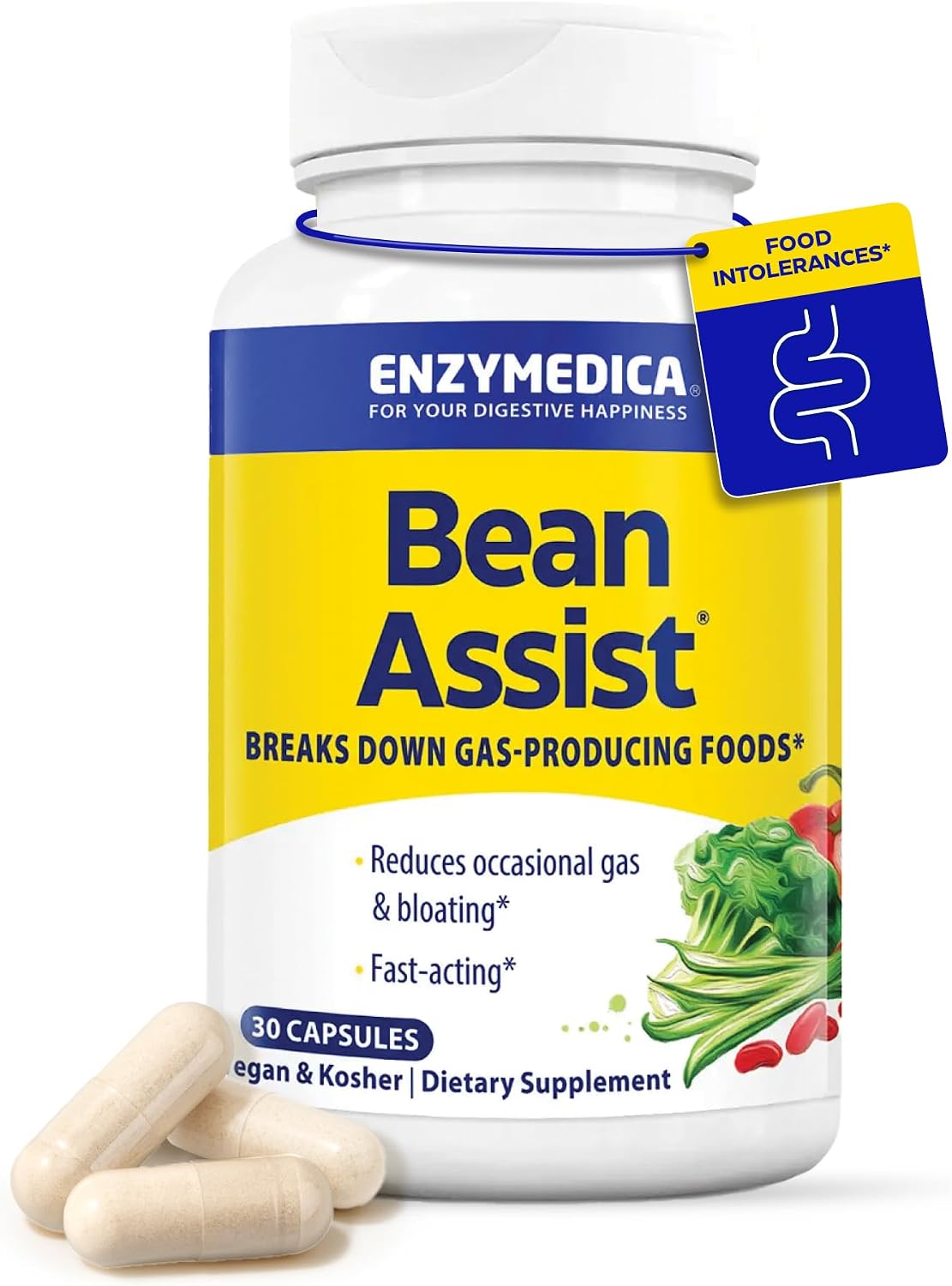 Enzymedica BeanAssist - Digestive Enzyme Supplement for Women & Men, Alpha Galactosidase Enzyme for Digestion & Gut Health Support, Helps Reduce Gas & Bloating, Fast-Acting, Vegan - 30 Caps