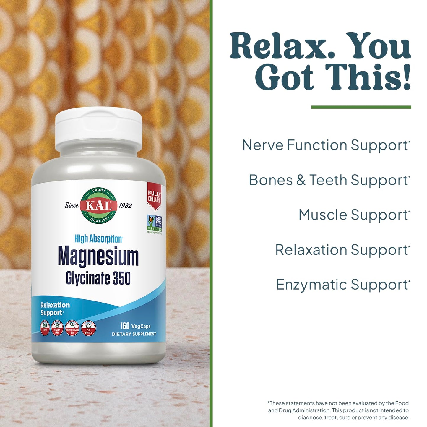 KAL Magnesium Glycinate, New & Improved Fully Chelated High Absorption Formula with BioPerine, Bisglycinate Chelate for Stress, Relaxation, Muscle & Bone Health Support, 60 Servings, 240 VegCaps