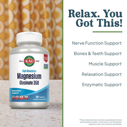 KAL Magnesium Glycinate, New & Improved Fully Chelated High Absorption Formula with BioPerine, Bisglycinate Chelate for Stress, Relaxation, Muscle & Bone Health Support, 60 Servings, 240 VegCaps