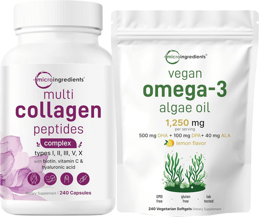 Micro Ingredients Multi Collagen Complex & Vegan Omega 3 Algae Oil Supplement Bundle 2 Pack | Grass-Fed Collagen Peptides | Omega-3 Full Spectrum Alternative to Fish Oil