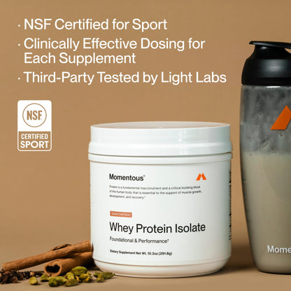 Momentous Essential Grass-Fed Whey Protein Powder - 20 g Whey Isolate Protein - NSF Certified for Sport - Gluten-Free - 25 Servings for Essential Everyday Use - Vanilla - Package May Vary