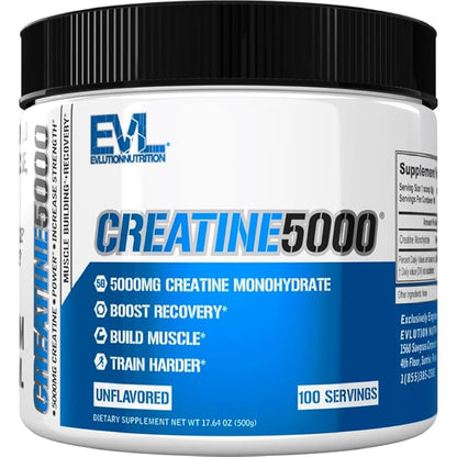 Evlution Nutrition Creatine 5000 - Supports Faster Recovery Lean Muscle Growth & Performance - Pre & Post Workout Powder - 5000mg Pure Creatine Monohydrate Per Serving - 60 Servings - Unflavored