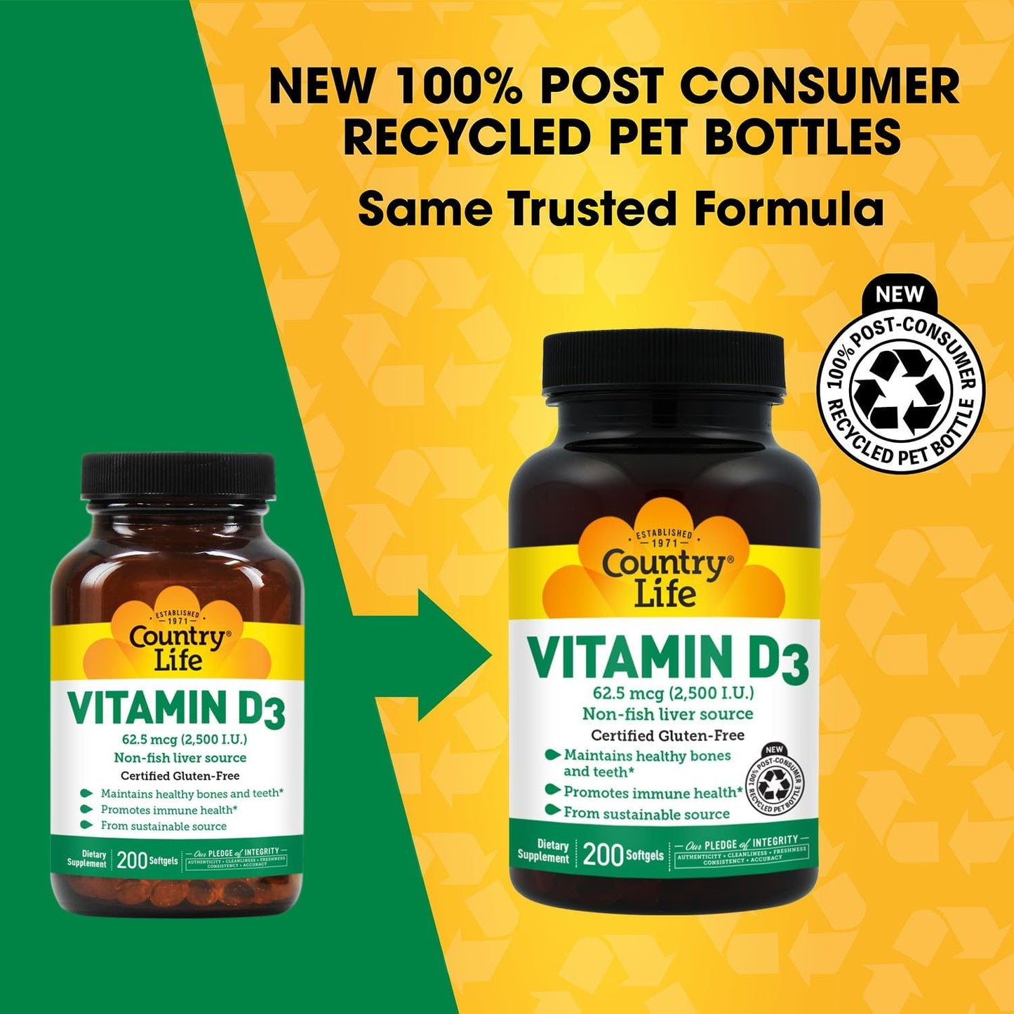 Country Life Vitamin D3 2500 IU – Non-Fish Derived, High Potency Vitamin D3 for Bone Strength, Immune Support & Calcium Absorption – Certified Gluten-Free, 200 Softgels