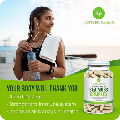 Antler Farms Sea Moss Complex - Bladderwrack, Burdock Root, 130 Capsules | Wildcrafted Irish Sea Moss, Bladderwrack, and Burdock Root, for Wellness, Vegan-Friendly, Gluten, Soy, and Dairy Free