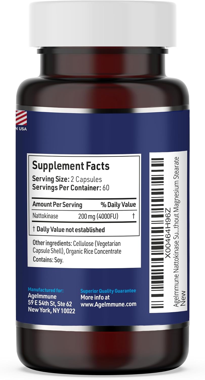 AgeImmune Nattokinase Supplement 4000 FU 200mg - Enzyme - Cardiovascular Support 120 Capsules -Derived from Japanese Natto - Made in The USA Without Magnesium Stearate.