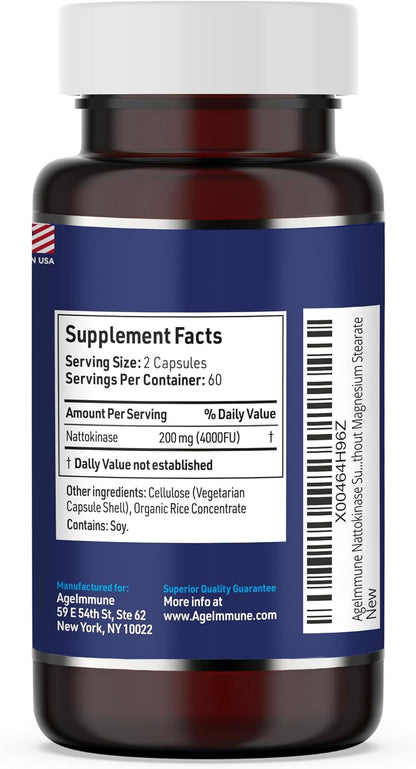 AgeImmune Nattokinase Supplement 4000 FU 200mg - Enzyme - Cardiovascular Support 120 Capsules -Derived from Japanese Natto - Made in The USA Without Magnesium Stearate.
