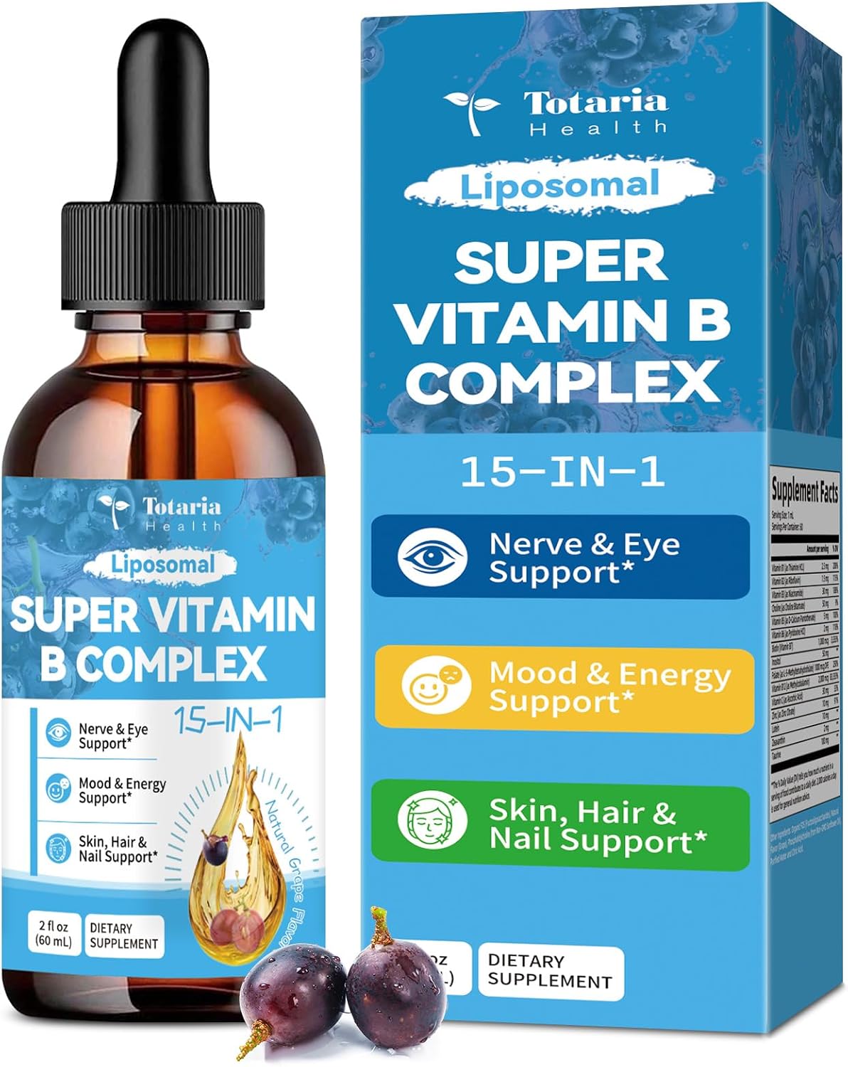 15-in-1 Liposomal Vitamin B Complex Pro Sugar-free B Complex Drops with B1, B2, B3 Niacinamide, Choline, B5, B6, B7 Biotin, Inositol, Folate, B12, Zinc, Lutein, Zeaxanthin, Taurine & Vit. C, 2 fl oz