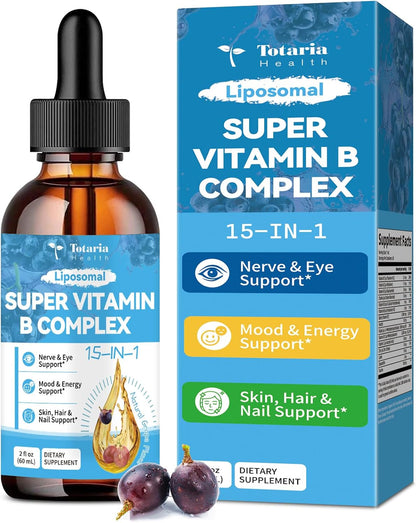 15-in-1 Liposomal Vitamin B Complex Pro Sugar-free B Complex Drops with B1, B2, B3 Niacinamide, Choline, B5, B6, B7 Biotin, Inositol, Folate, B12, Zinc, Lutein, Zeaxanthin, Taurine & Vit. C, 2 fl oz