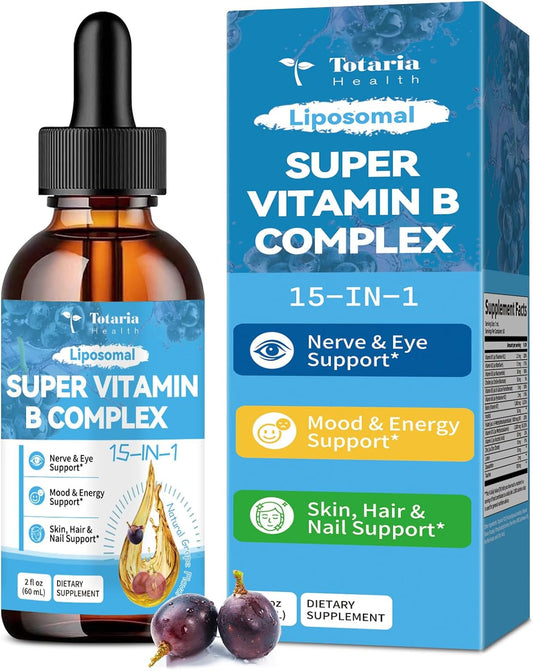 15-in-1 Liposomal Vitamin B Complex Pro Sugar-free B Complex Drops with B1, B2, B3 Niacinamide, Choline, B5, B6, B7 Biotin, Inositol, Folate, B12, Zinc, Lutein, Zeaxanthin, Taurine & Vit. C, 2 fl oz