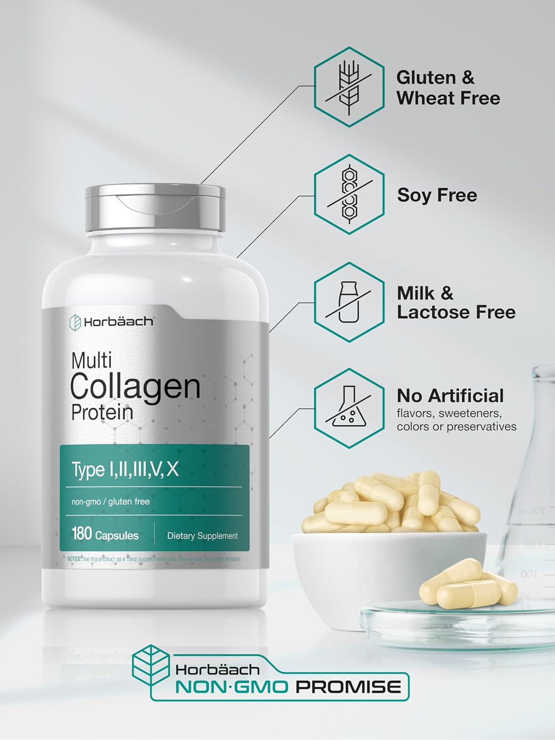 Horbäach Multi Collagen Protein 2000 mg | 180 Capsules | Type I, II, III, V, X | Keto & Paleo Friendly | Non-GMO, Gluten Free Supplement