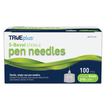 TRUEplus 5-Bevel Sterile Pen Needles, 32G x 4mm (5/32 Inch), 50 Count | For Use with Pen Injection Device, Single-Use Needles, Compatible Thread with Major Pen Devices, Silicone Coated