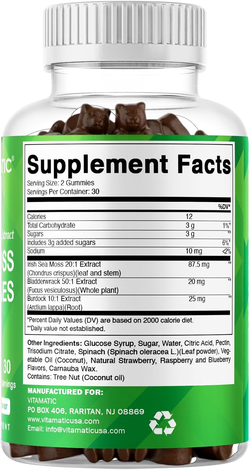 Vitamatic Sea Moss Gummies with Bladderwrack & Burdock, 60 Gummies | Premium Botanical Blend for Immune Support*, Natural Raspberry Flavor, Vegan, Non-GMO, Gluten Free.