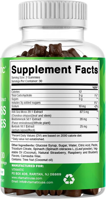 Vitamatic Sea Moss Gummies with Bladderwrack & Burdock, 60 Gummies | Premium Botanical Blend for Immune Support*, Natural Raspberry Flavor, Vegan, Non-GMO, Gluten Free.