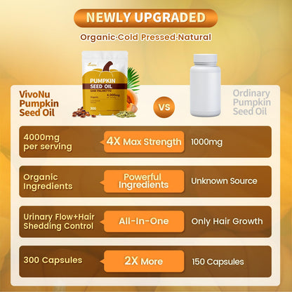 VivoNu Pumpkin Seed Oil with Saw Palmetto Capsules, 4000mg 300 Softgels | Organic, Cold Pressed | DHT Blocker | Supports Hair, Urinary, Bladder & Prostate Health | Non-GMO | Organic, Cold Pressed | DHT Blocker | Supports Hair, Urinary, Bladder & Prostate