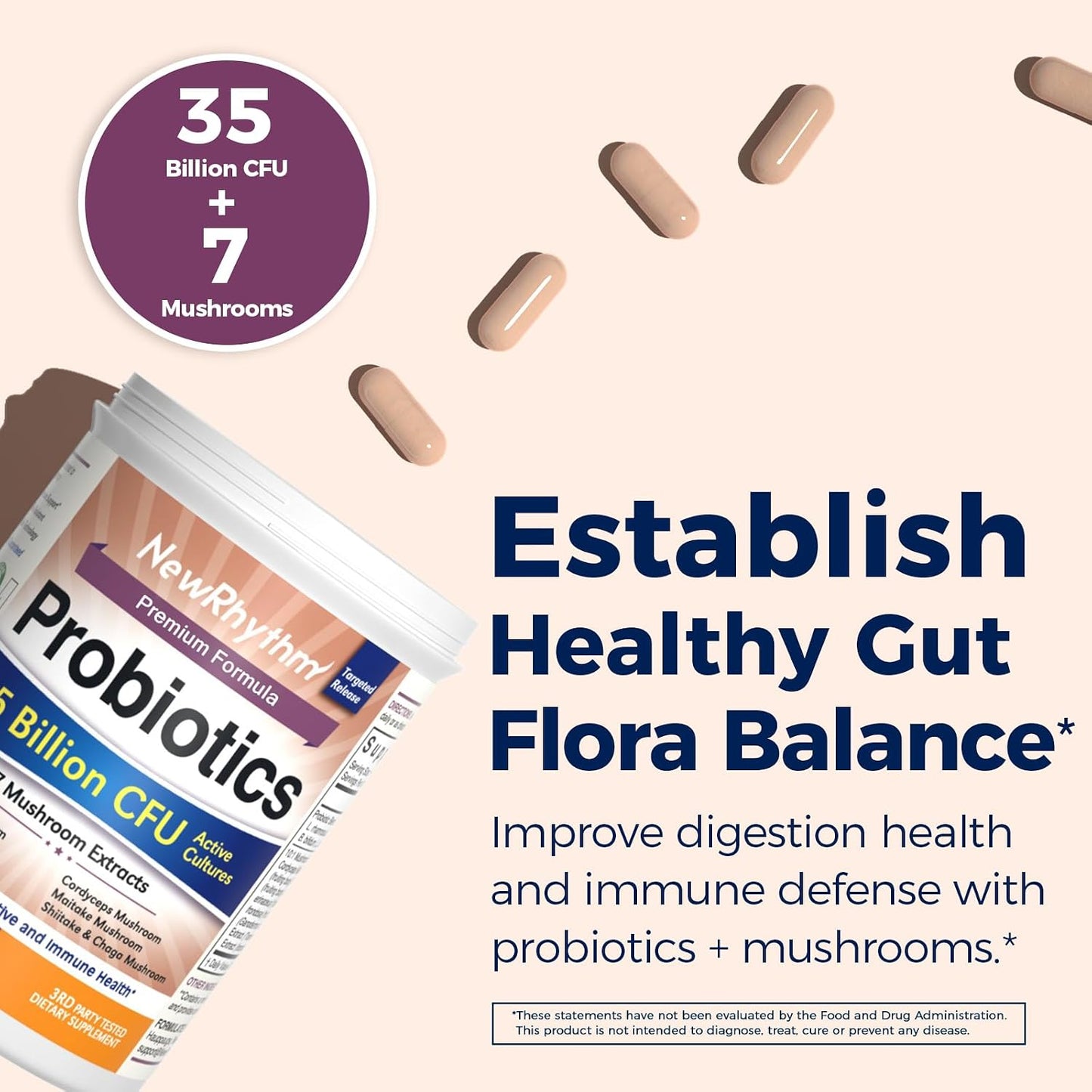 NewRhythm Probiotics 35 Billion CFU, Mushroom Probiotics Supplement for Women & Men, 7 Mushroom Extract, Turkey Tail, Reishi, Lion's Mane, Natural Prebiotics, Digestive & Immune, 30 Caps