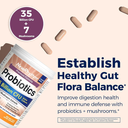 NewRhythm Probiotics 35 Billion CFU, Mushroom Probiotics Supplement for Women & Men, 7 Mushroom Extract, Turkey Tail, Reishi, Lion's Mane, Natural Prebiotics, Digestive & Immune, 30 Caps