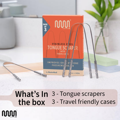 MasterMedi Tongue Scraper for Adults, 100% Stainless Steel Tongue Scrubber for Bad Breath, Easy to Use, Tongue Cleaner for Oral Care & Hygiene (SPTC-1|with Case)