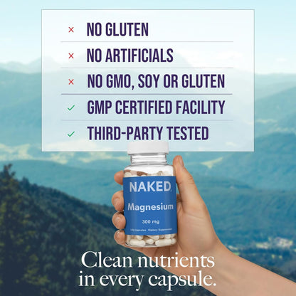Naked Magnesium Glycinate Complex - 300mg Magnesium Supplement with Citrate & Malate - High Absorption Formula - Vegan, Non-GMO, Gluten-Free - 120 Capsules