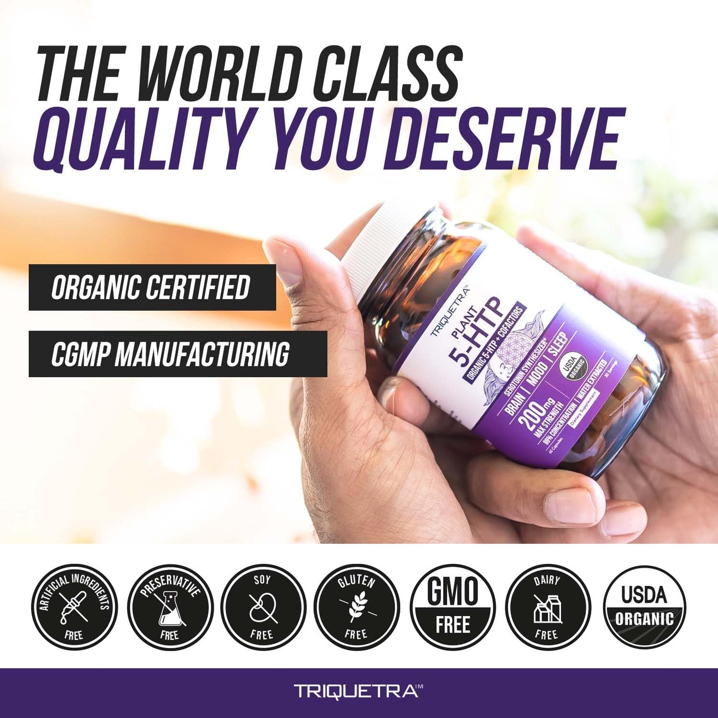 Organic 5-HTP - 200 mg | 99% 5HTP Concentration, Plus Cofactor Vitamin B6 & Lion’s Mane | Water Extracted from Organic Griffonia Seeds | Supports Mood, Cognition & Sleep (60 Capsules | 30 Servings)