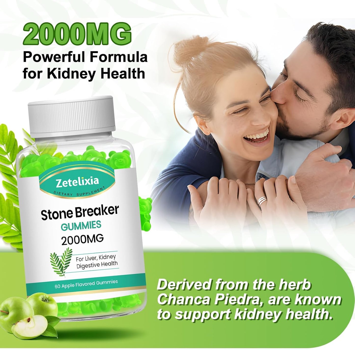 2 Pack Chanca Piedra Stone Breaker Gummies, Organic Herbal Supplement for Kidney Cleanse & Gallbladder Health, Kidney Stones Dissolver, Sugar Free, Vegan, Non-GMO, Apple Flavor