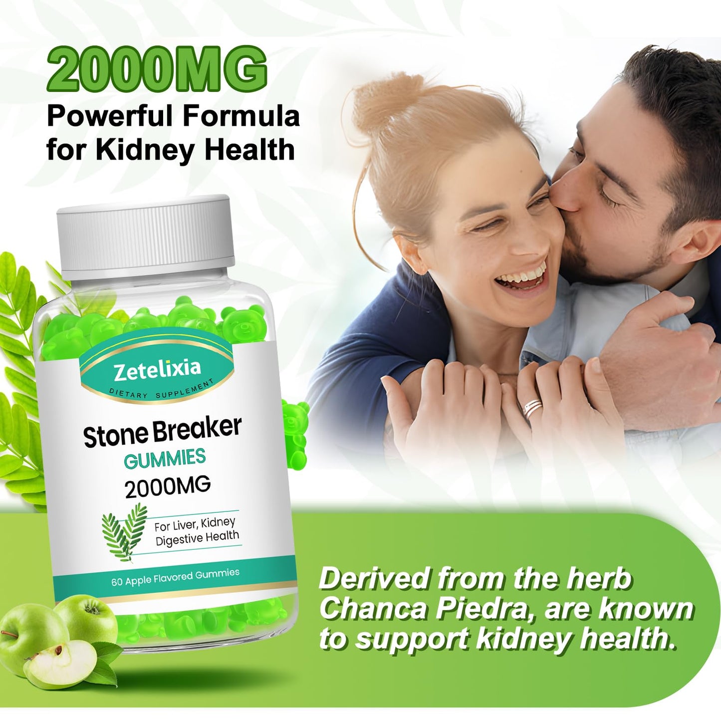 2 Pack Chanca Piedra Stone Breaker Gummies, Organic Herbal Supplement for Kidney Cleanse & Gallbladder Health, Kidney Stones Dissolver, Sugar Free, Vegan, Non-GMO, Apple Flavor