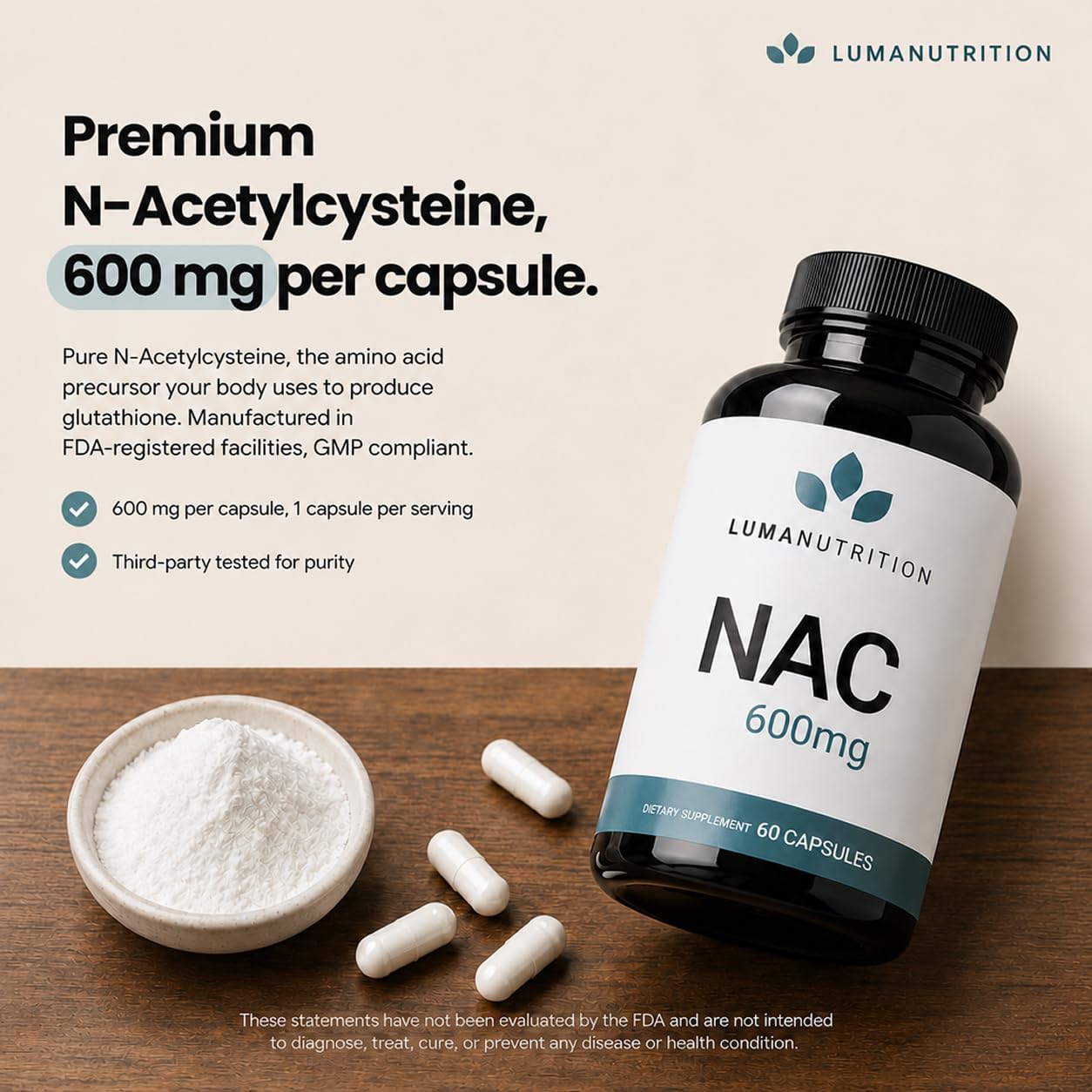 Luma Nutrition NAC Supplement N-Acetyl Cysteine 600 mg - 60 Capsules