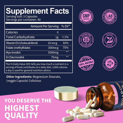 Totaria Myo-Inositol & D-Chiro Inositol Supplement Capules 3075mg, Plus Multivitamin Vitamin D3, Folate, Ideal 40:1 Ratio - Hormonal Balance for Women & Ovarian* Support | Vegan, Non GMO - 120 Caps