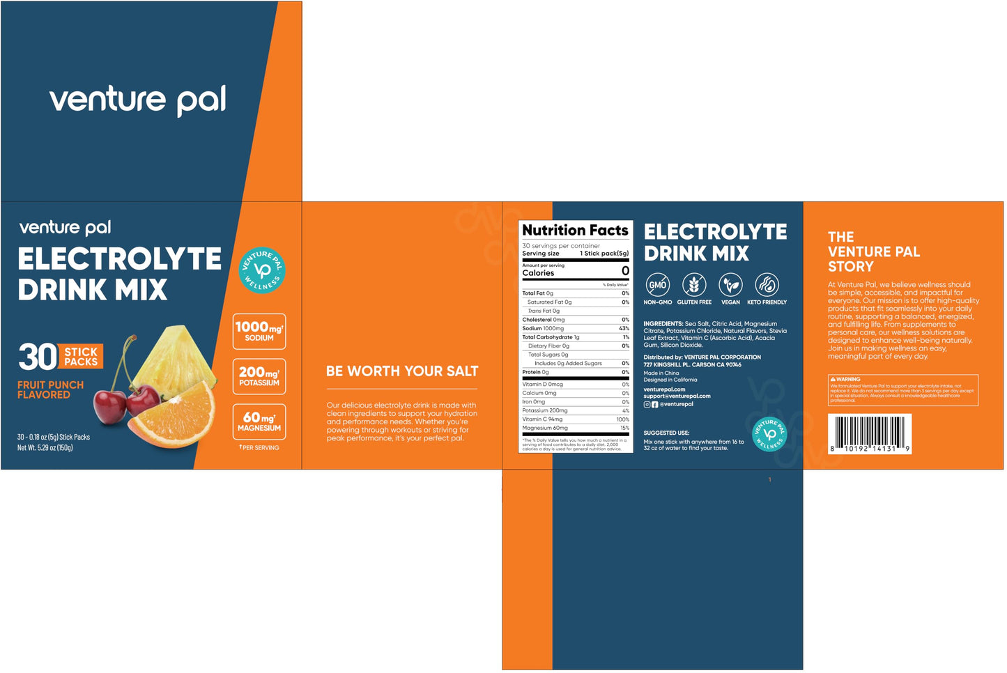 Venture Pal High Sodium Sugar-Free Electrolytes Powder Packets, 16 Sticks | Hydration Packets with Sodium, Potassium & Magnesium, Zero Calories, Keto, Vegan, and Paleo Friendly