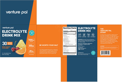 Venture Pal High Sodium Sugar-Free Electrolytes Powder Packets, 16 Sticks | Hydration Packets with Sodium, Potassium & Magnesium, Zero Calories, Keto, Vegan, and Paleo Friendly