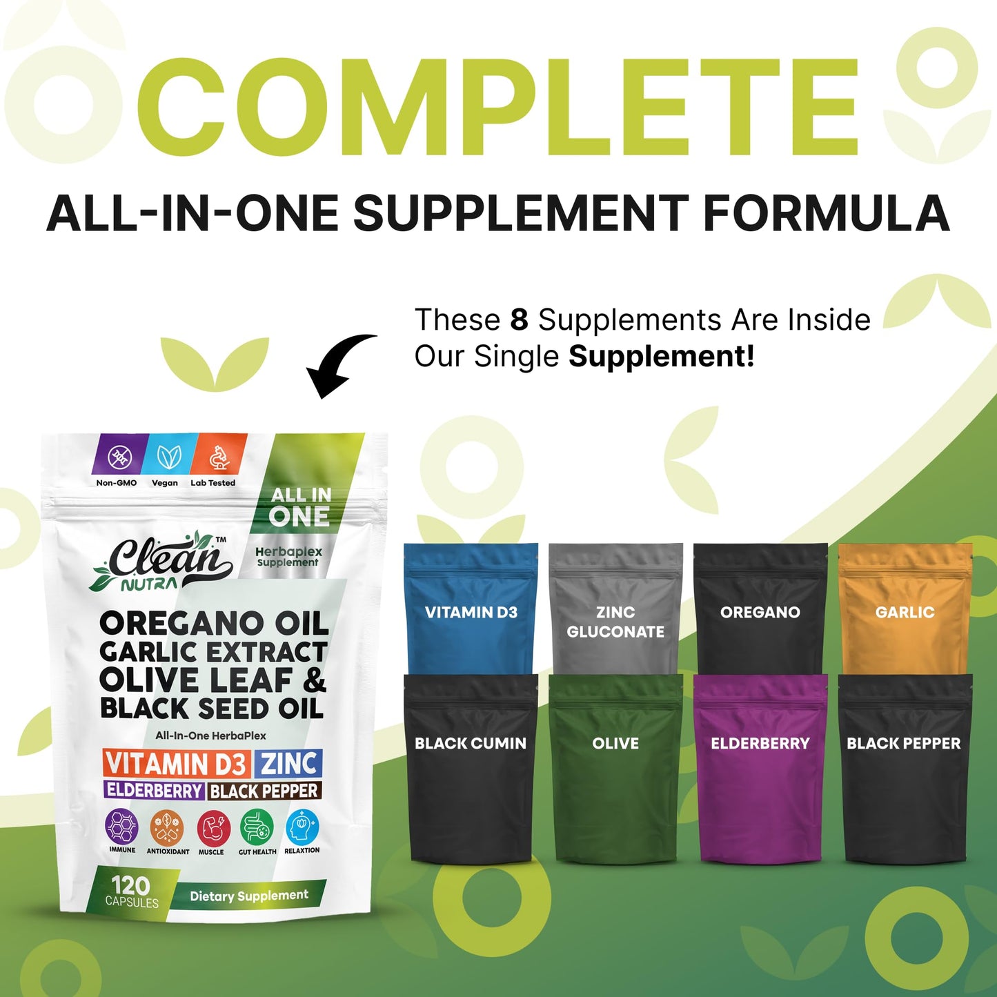Clean Nutra Oregano Oil with Black Seed Oil Garlic Olive Leaf Extract - Oil of Oregano Capsules Immune Support Carvacrol & Thymoquinone Supplement for Women and Men + Elderberry Vitamin D3 & Zinc