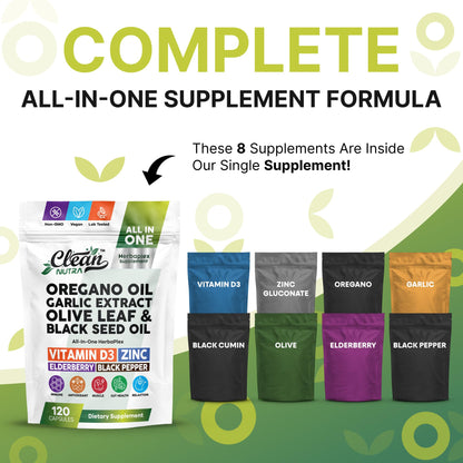 Clean Nutra Oregano Oil with Black Seed Oil Garlic Olive Leaf Extract - Oil of Oregano Capsules Immune Support Carvacrol & Thymoquinone Supplement for Women and Men + Elderberry Vitamin D3 & Zinc