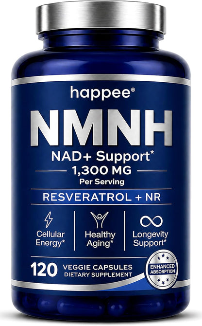 Happee Liposomal NMNH Supplement 1300mg (NMN Alternative) NAD+ | 120 Caps | 6-in-1 NAD+ Formula | Reduced Nicotinamide Mononucleotide (NMNH), Resveratrol, NR, CoQ10 | Cellular Energy & Healthy Aging
