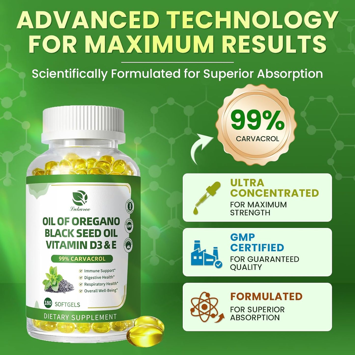 Oregano Oil Softgels with Black Seed Oil, 99% Carvacrol, 180 Ct, 3 Month | 5-in-1 with Vitamin D3 E Black Pepper, Immune, Respiratory, Digestive & Antioxidant*, Ultra-Concentrated, Easy to Swallow