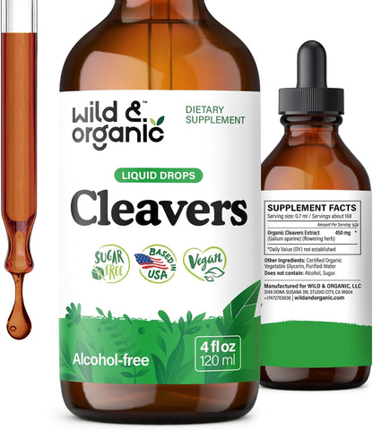 Wild & Organic Cleavers Lymphatic Drainage Drops - Cleavers Herb for Natural Detox Support - Add to Tea Tincture - Galium Aparine Leaf Extract Supplement - Vegan, Sugar & Alcohol-Free - 4 fl oz