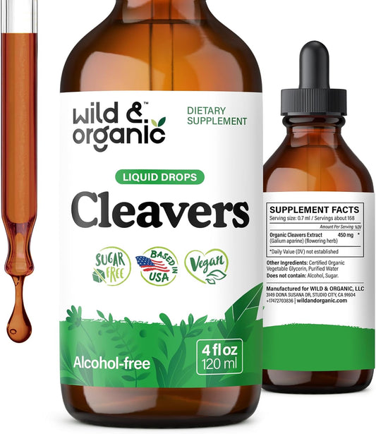 Wild & Organic Cleavers Lymphatic Drainage Drops - Cleavers Herb for Natural Detox Support - Add to Tea Tincture - Galium Aparine Leaf Extract Supplement - Vegan, Sugar & Alcohol-Free - 4 fl oz