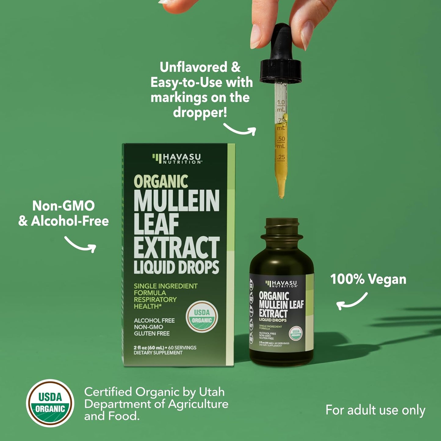 Mullein Drops for Lungs, USDA Organic Mullein Leaf Extract, 2 Fl Oz | Respiratory Health and Lung Support Supplement, 2 Fl Oz, Vegan, Non-GMO, and Alcohol Free, Herbal Tincture, 60 Servings