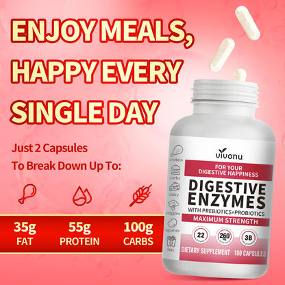 VivoNu Digestive Enzymes | 22 Enzymes with Organic Prebiotics & Probiotics | Supports Digestion* of Protein, Carbs, Fiber & Dairy | 180 Capsules