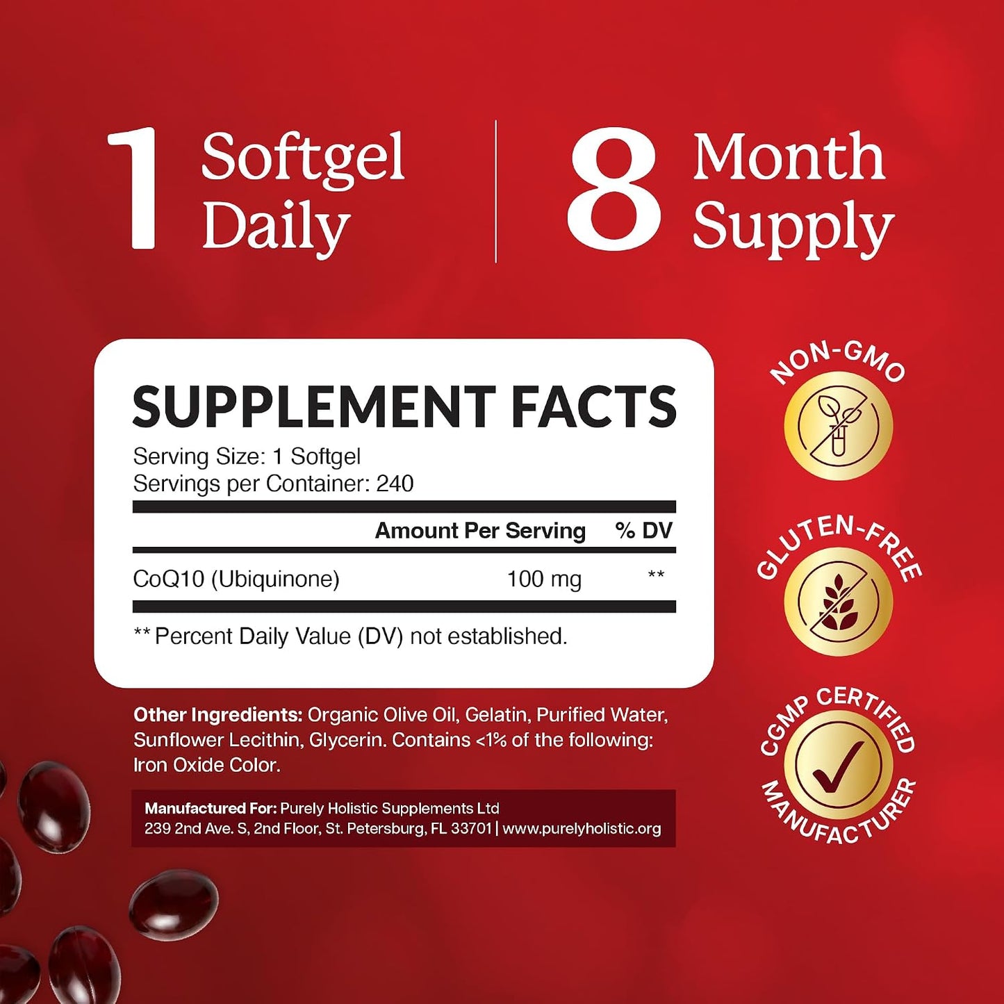 CoQ10 100mg Softgels, Heart Health Support, 8 Month Supply, High Absorption | Coenzyme Q10 for Energy Levels & Vitality Support, Co Q 10 Supplement, Non-GMO, Gluten-Free, 240 Co Q10 Softgels (Once-Daily)