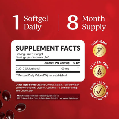 CoQ10 100mg Softgels, Heart Health Support, 8 Month Supply, High Absorption | Coenzyme Q10 for Energy Levels & Vitality Support, Co Q 10 Supplement, Non-GMO, Gluten-Free, 240 Co Q10 Softgels (Once-Daily)